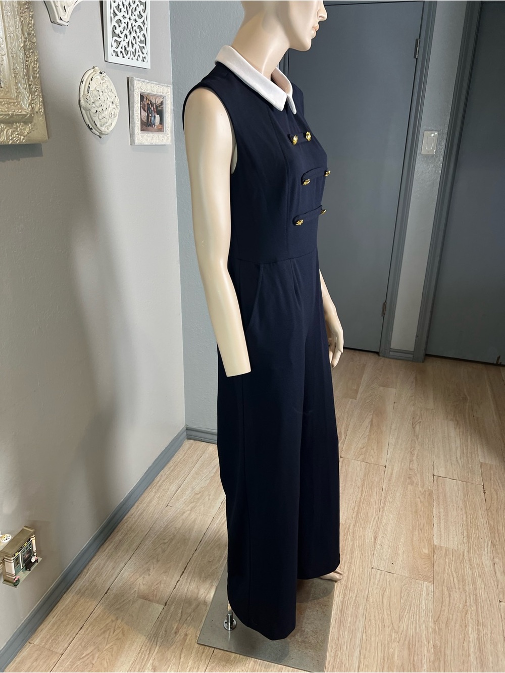 Shelby & Palmer Navy Blue Sleeveless Jumpsuit with White Collar and Gold Buttons - Picture 7 of 12